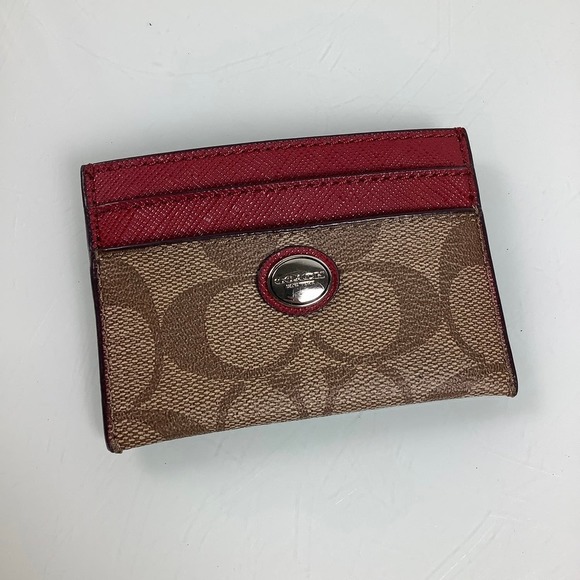 Coach Card Holder Cards Case Signature Canvas Red/Brown 5 slots NWOT - Picture 1 of 10